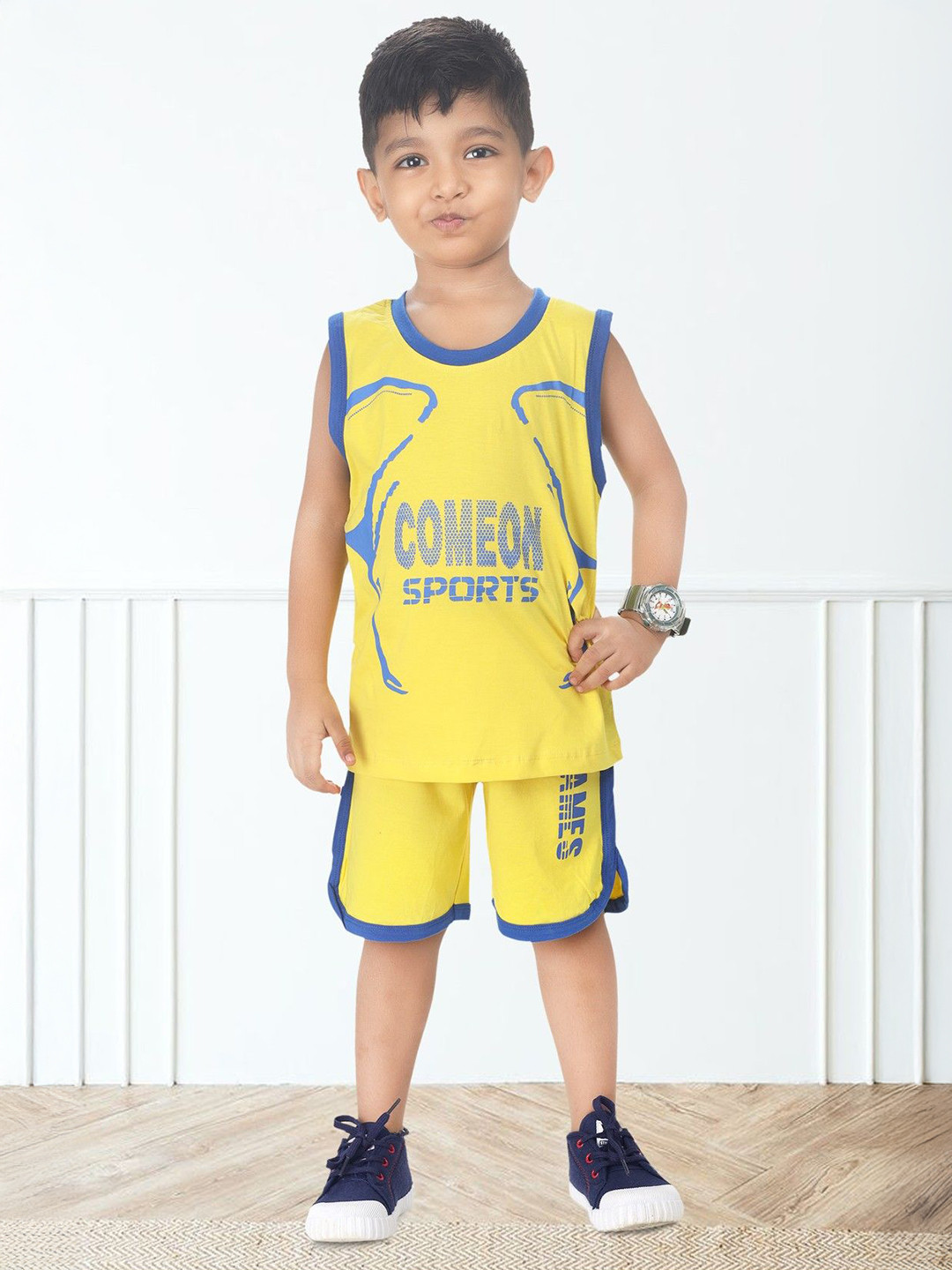 NEW GEN Boys Typography Printed Sleeveless Pure Cotton T-shirt With Shorts