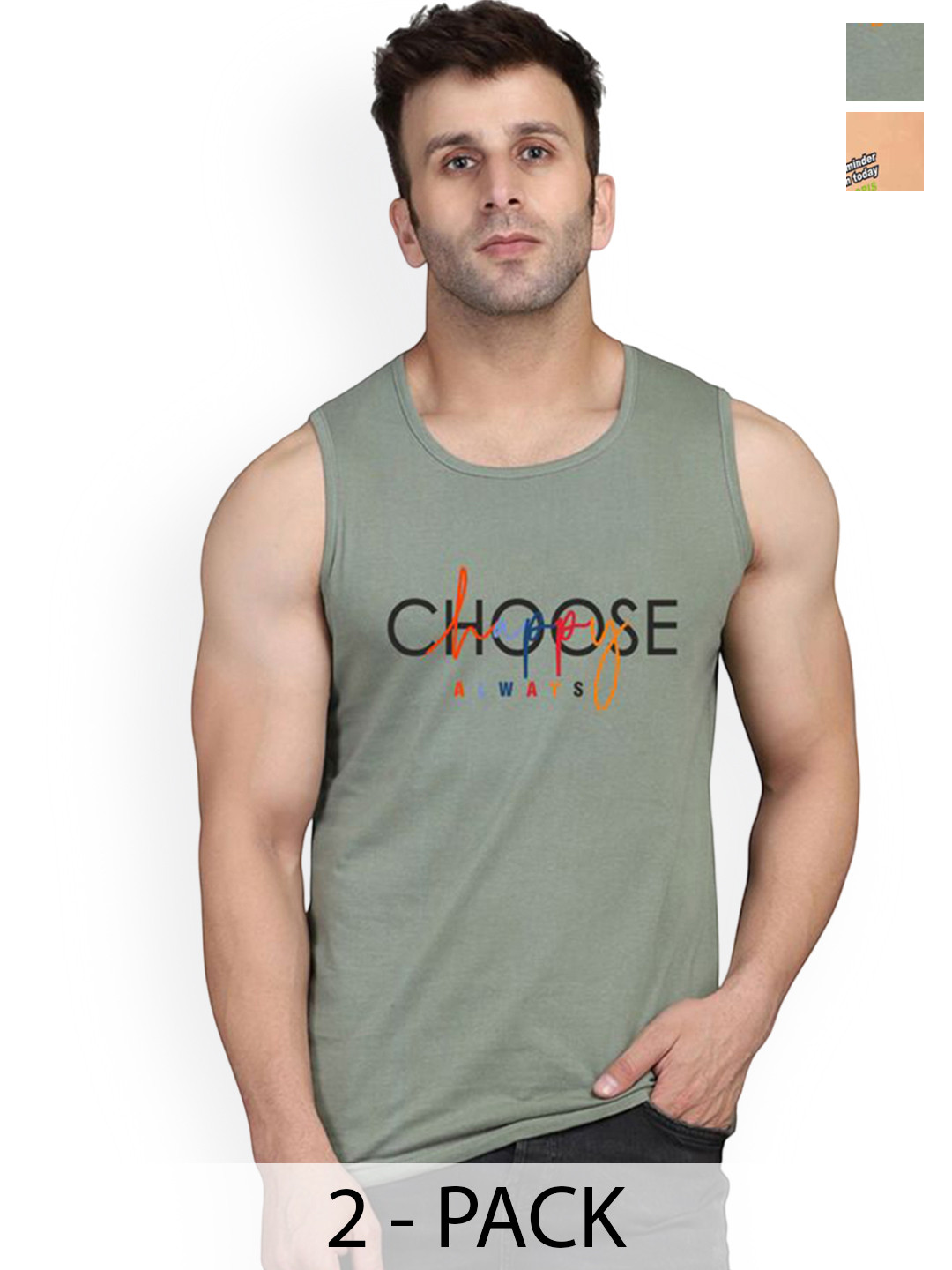 SLOWLORIS Pack Of 2 Printed Combed Cotton Gym Vests VSL26 CMB(CHS LGTGREEN)(GYM RUST)