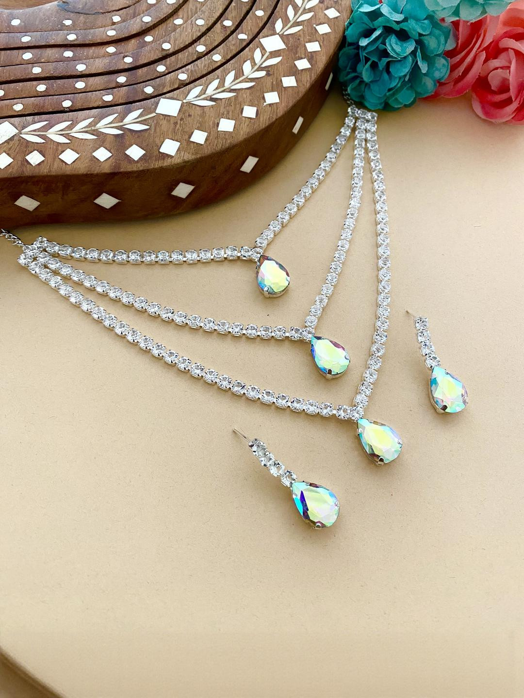 Varnii Silver Plated Rainbow Stone Necklace with Earrings Set