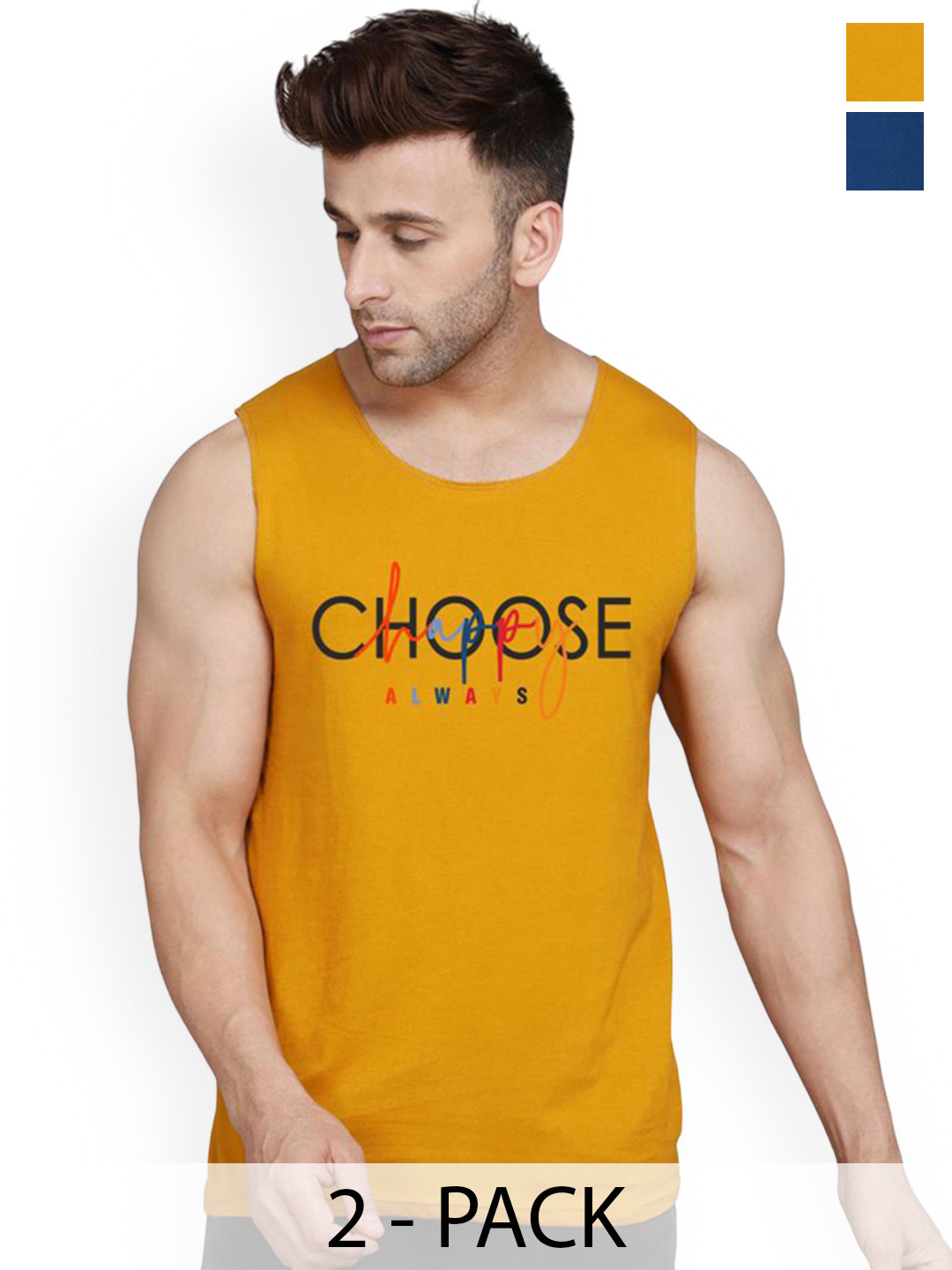 SLOWLORIS 2Pcs Printed Combed Cottom Gym Vests VSL26 CMB(CHS MUSTARD)(KEEP BLACKPEACOCK)