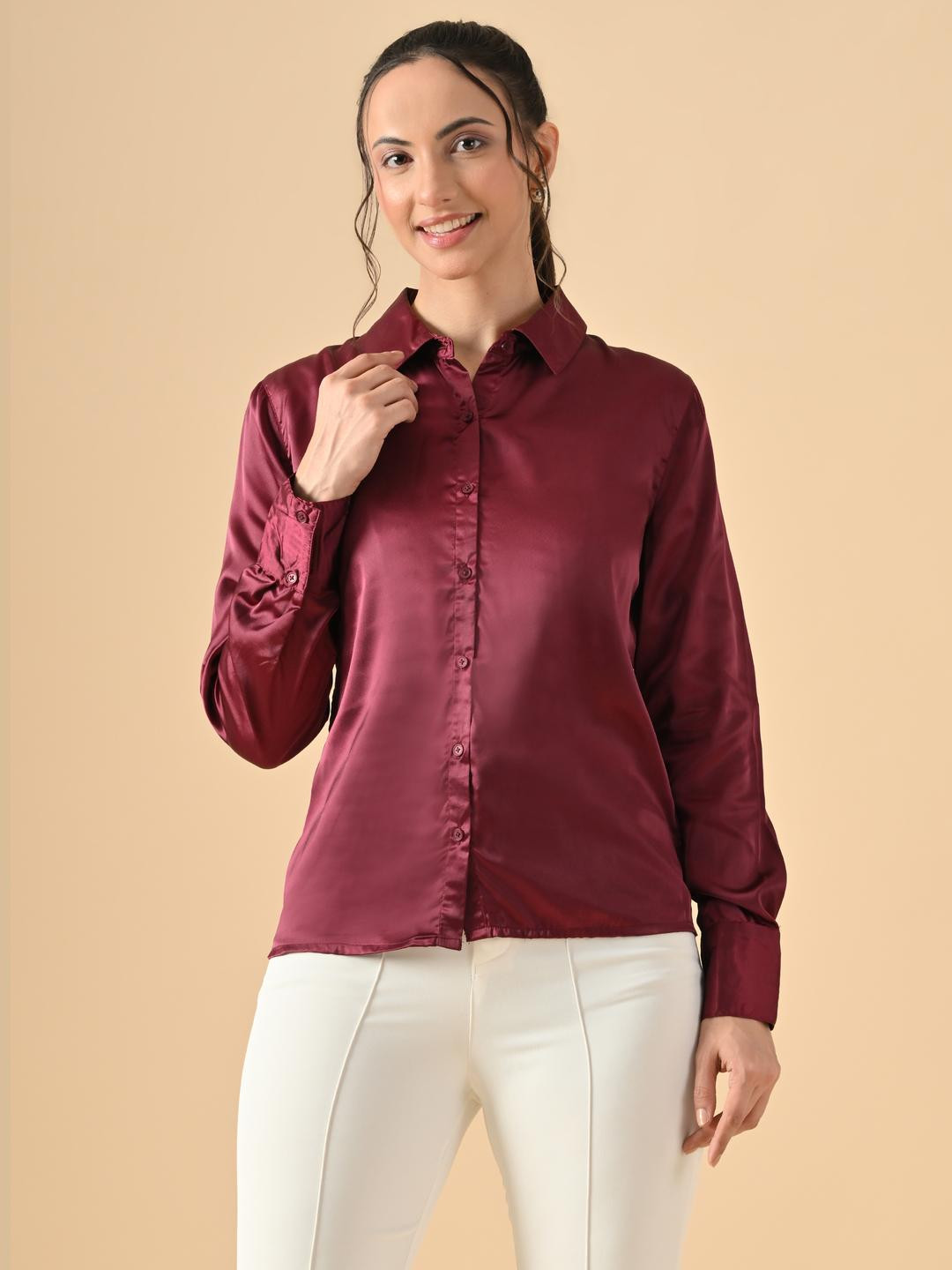 SMERA MART Women Maroon Solid Satin Spread Collar Long Sleeves Formal Shirt