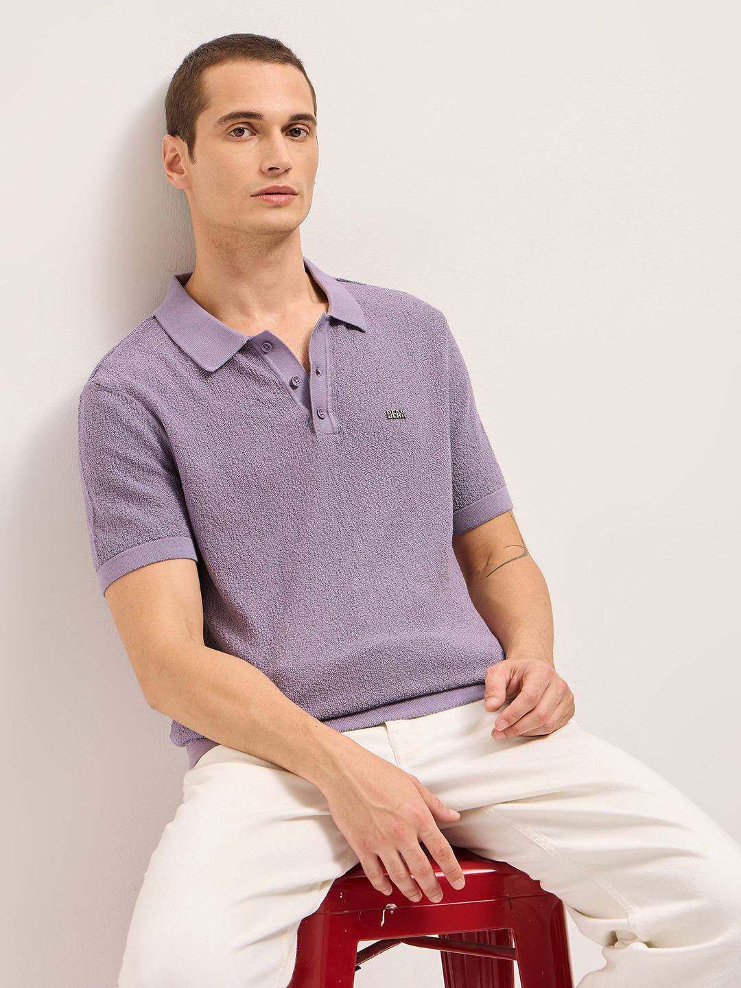 THE BEAR HOUSE Textured Polo Collar Flat Knit Pure Cotton T-Shirt