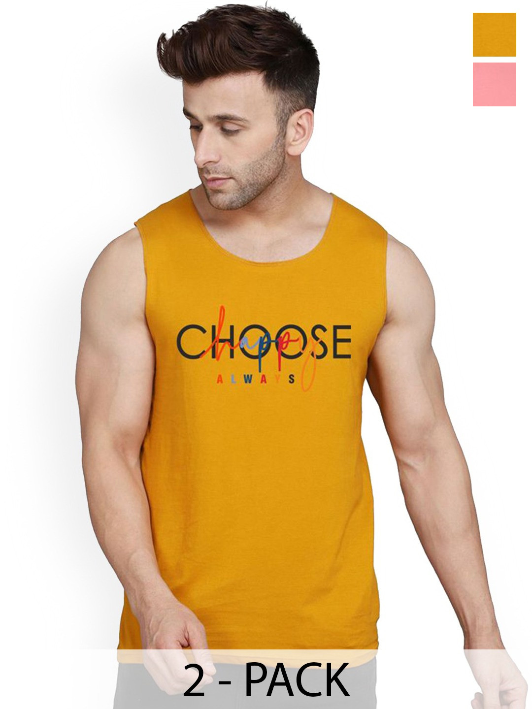 SLOWLORIS Pack Of 2 Printed Innerwear Vests VSL26 CMB(CHS MUSTARD)(LOOK PEACH)