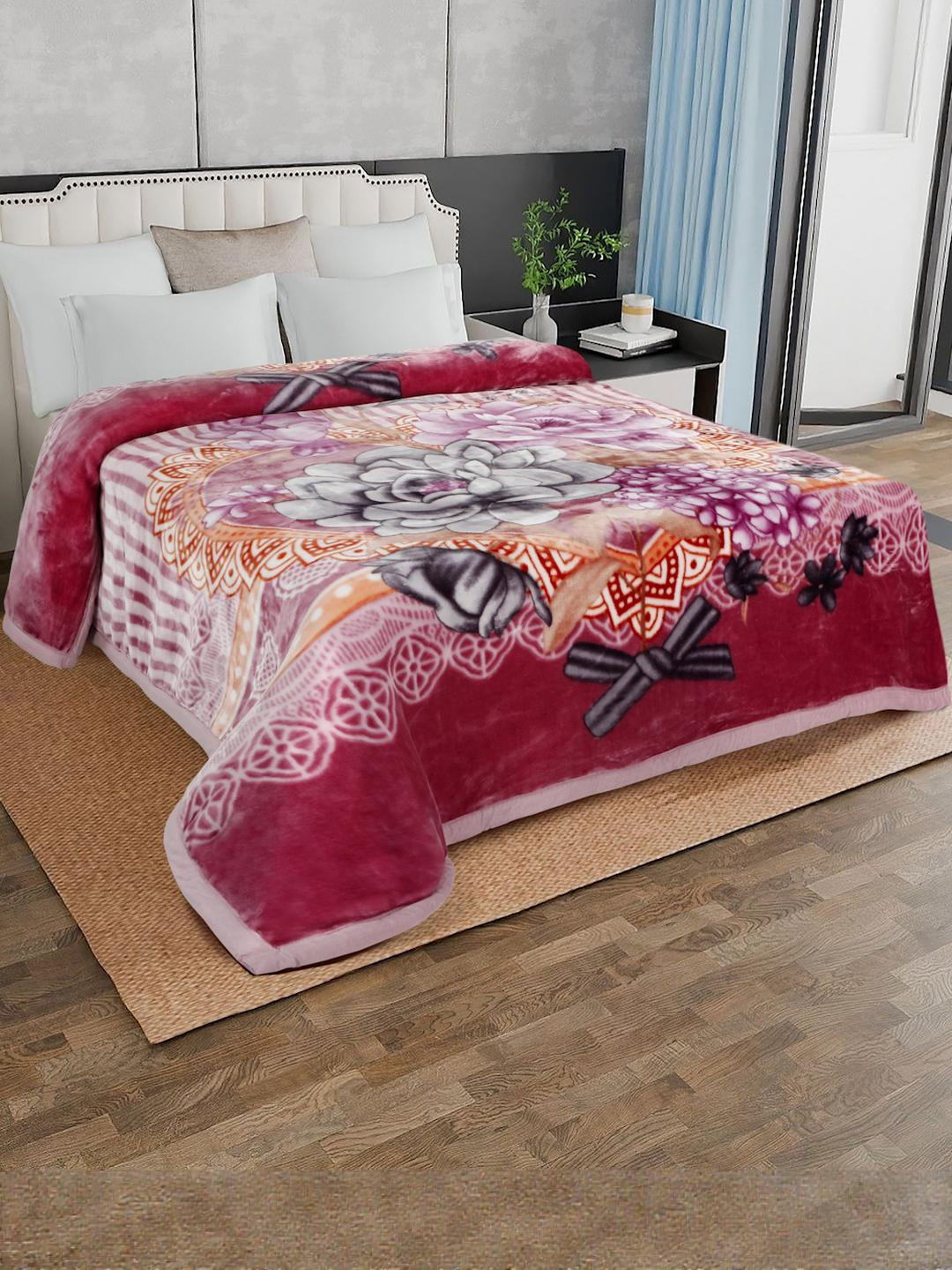 Signature Red & Pink Floral Mink Winter Double Bed Blanket