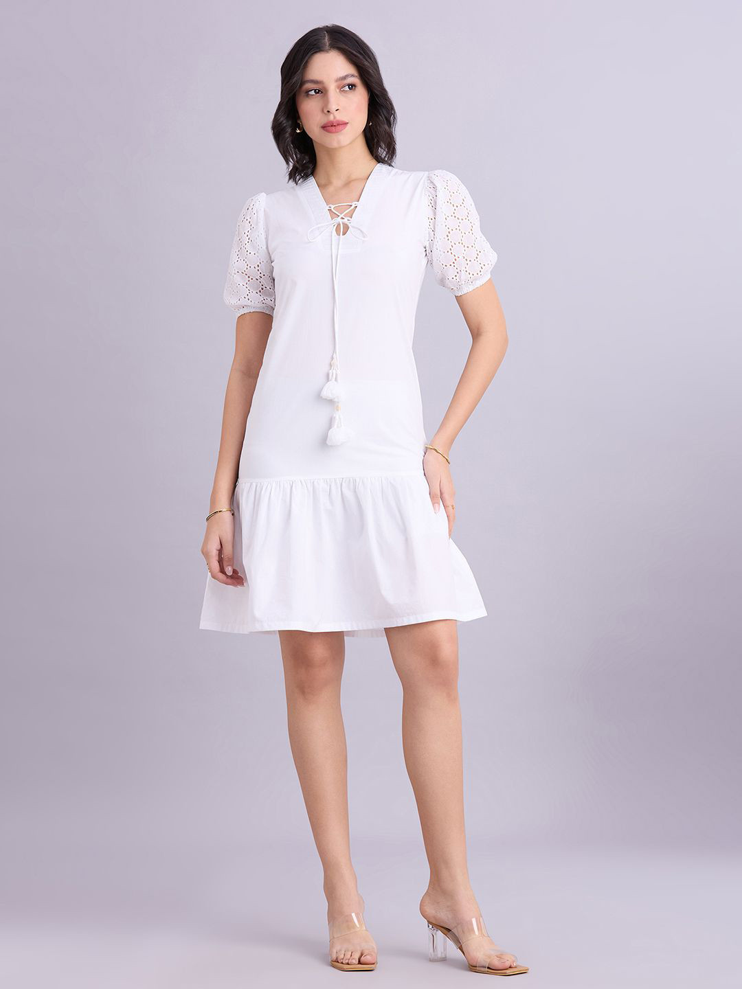 YURAA THE LABEL Tie-Up Neck Cotton A-Line Dress