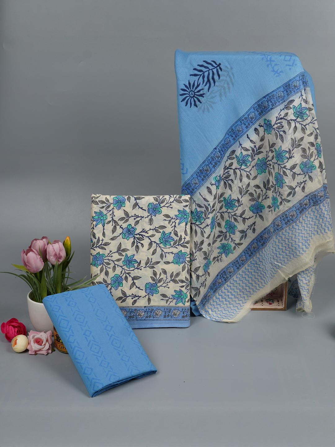 Kwatchi Women Blue & Cream Printed Pure Cotton Unstitched Dress Material
