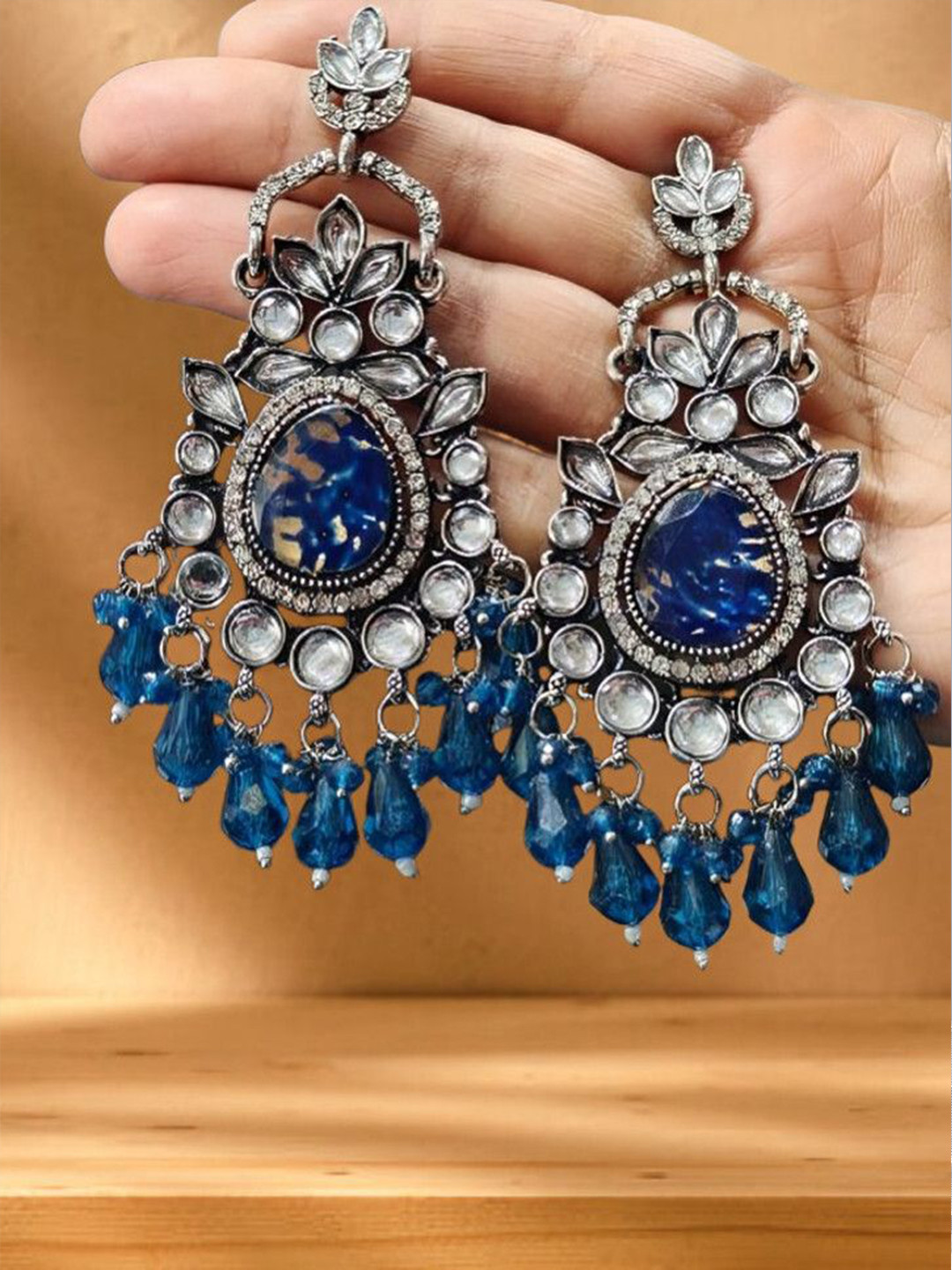 OPUS GEMS Artificial Stones Studded And Beaded Oval Shaped Drop Earrings