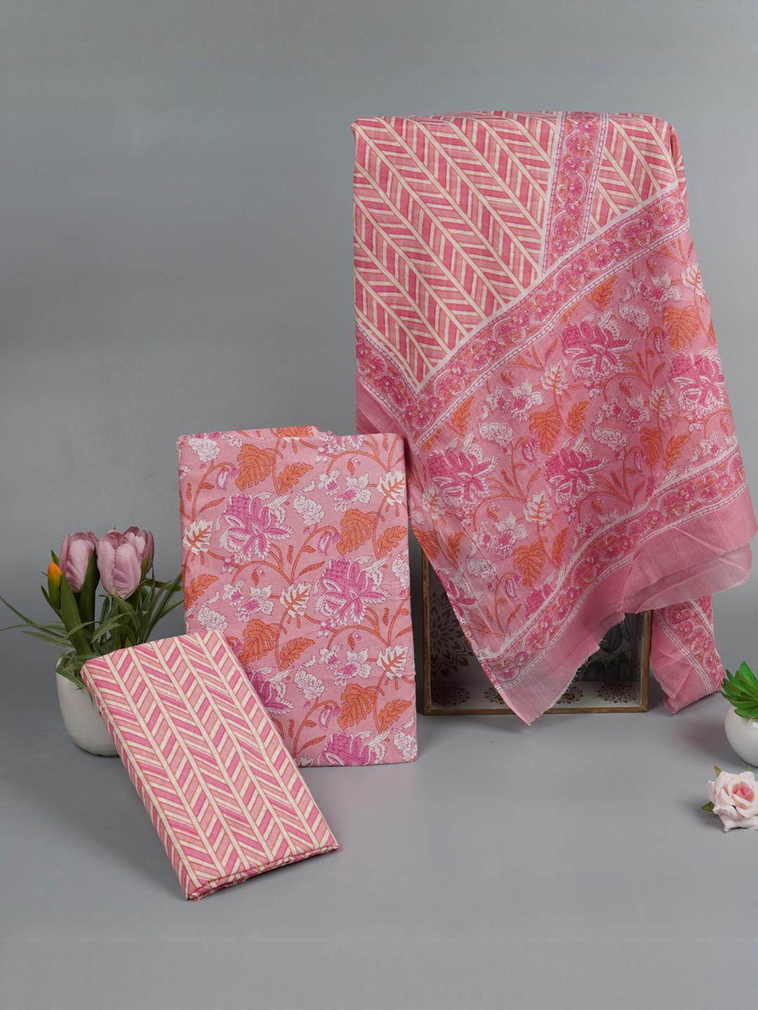 Kwatchi Women Pink Printed Pure Cotton Unstitched Dress Material