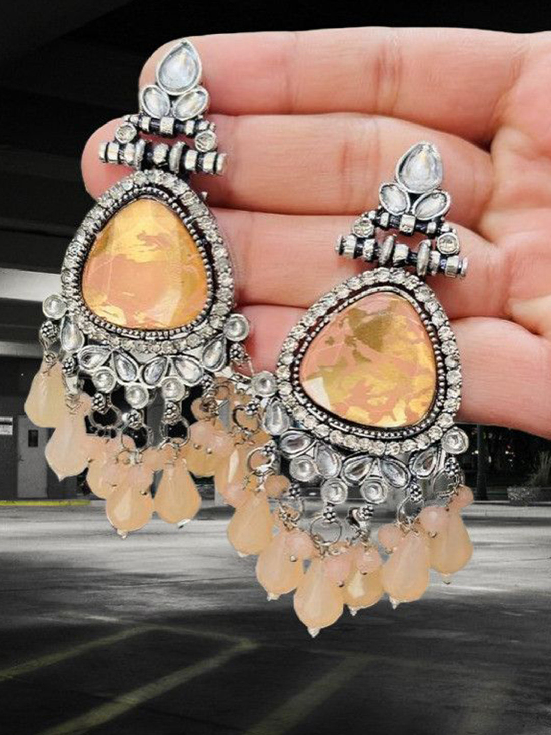 OPUS GEMS Artificial Stones Studded And Beaded Triangular Chandelier Drop Earrings
