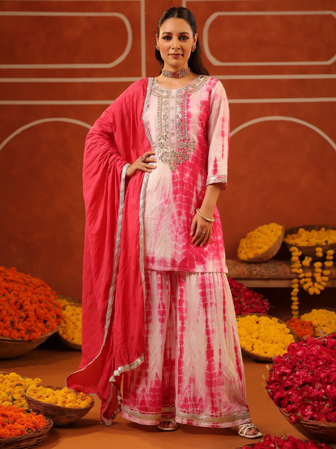 SCAKHI Women Fuchsia Shibori Chanderi Silk Embroidered Sharara Set