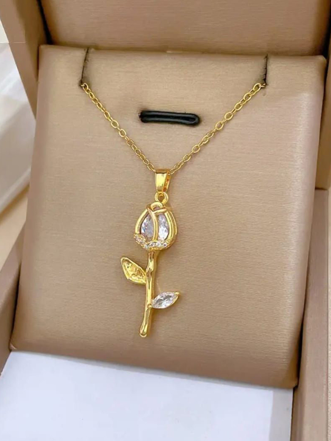 Estailo fashion Women Gold-Plated Stones-Studded Tulip Pendant With Chain