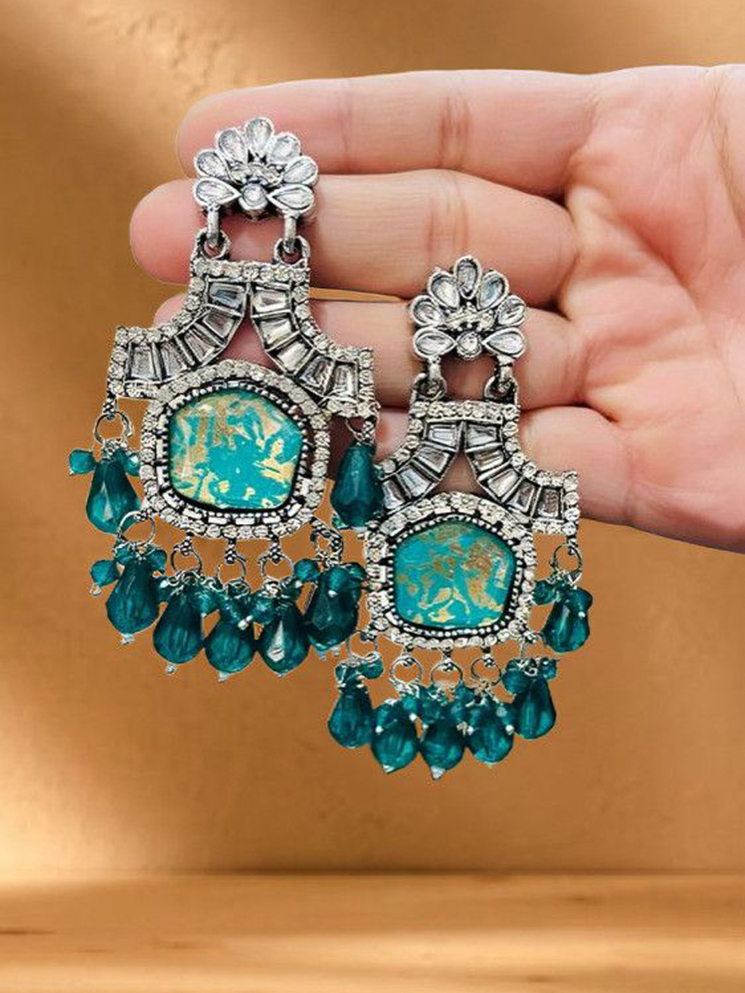OPUS GEMS Artificial Stones Studded And Beaded Geometric Shaped Drop Earrings