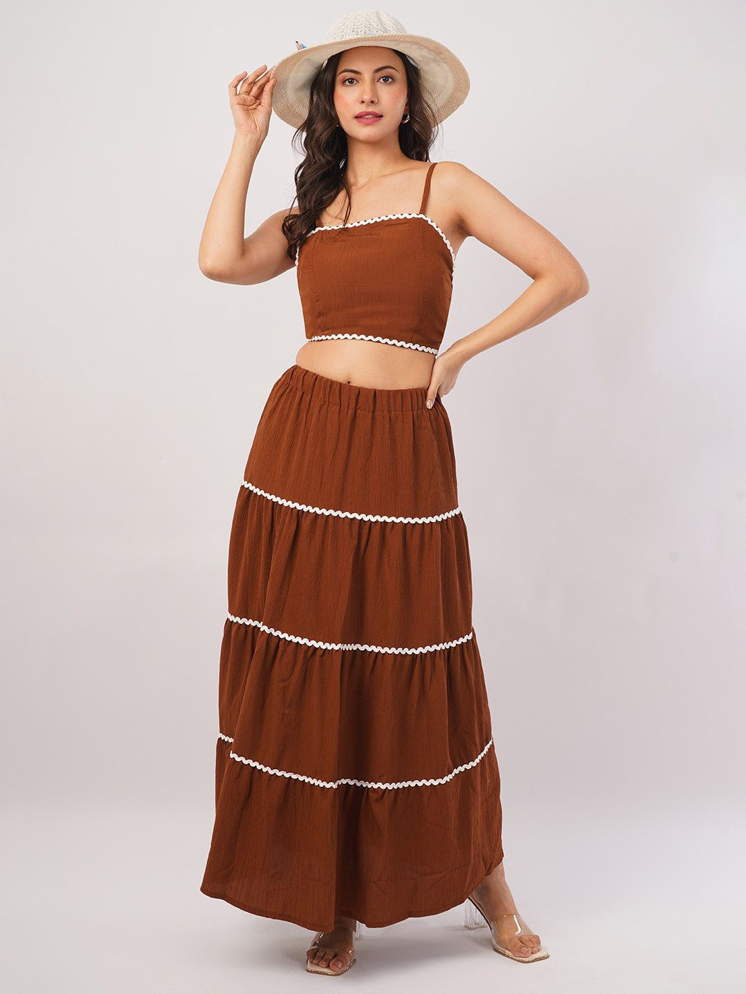 Deshi Girl Brown & White Solid Co-Ords