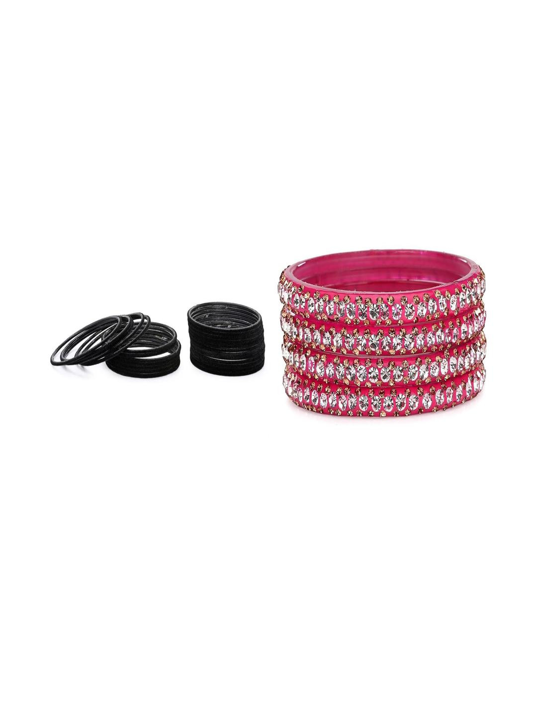 SOMIL Women Set Of 2 Black & Pink Glass Artificial Stones Bangles