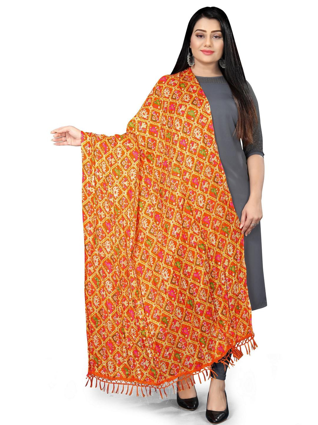 EBADAT Women Art Silk Orange Printed Dupatta