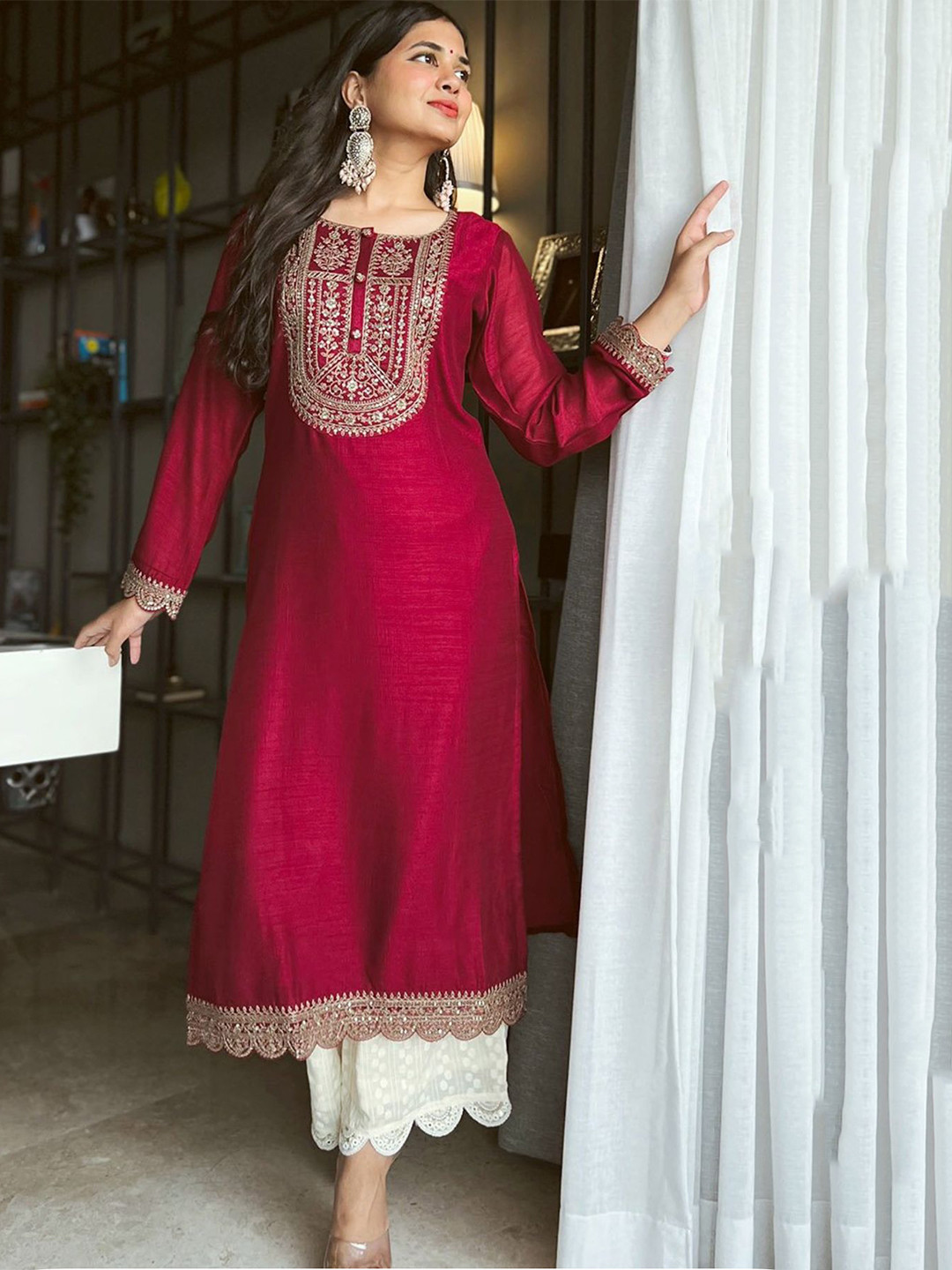 rarethread Women Floral Embroidered Thread Work Raw Silk Kurta
