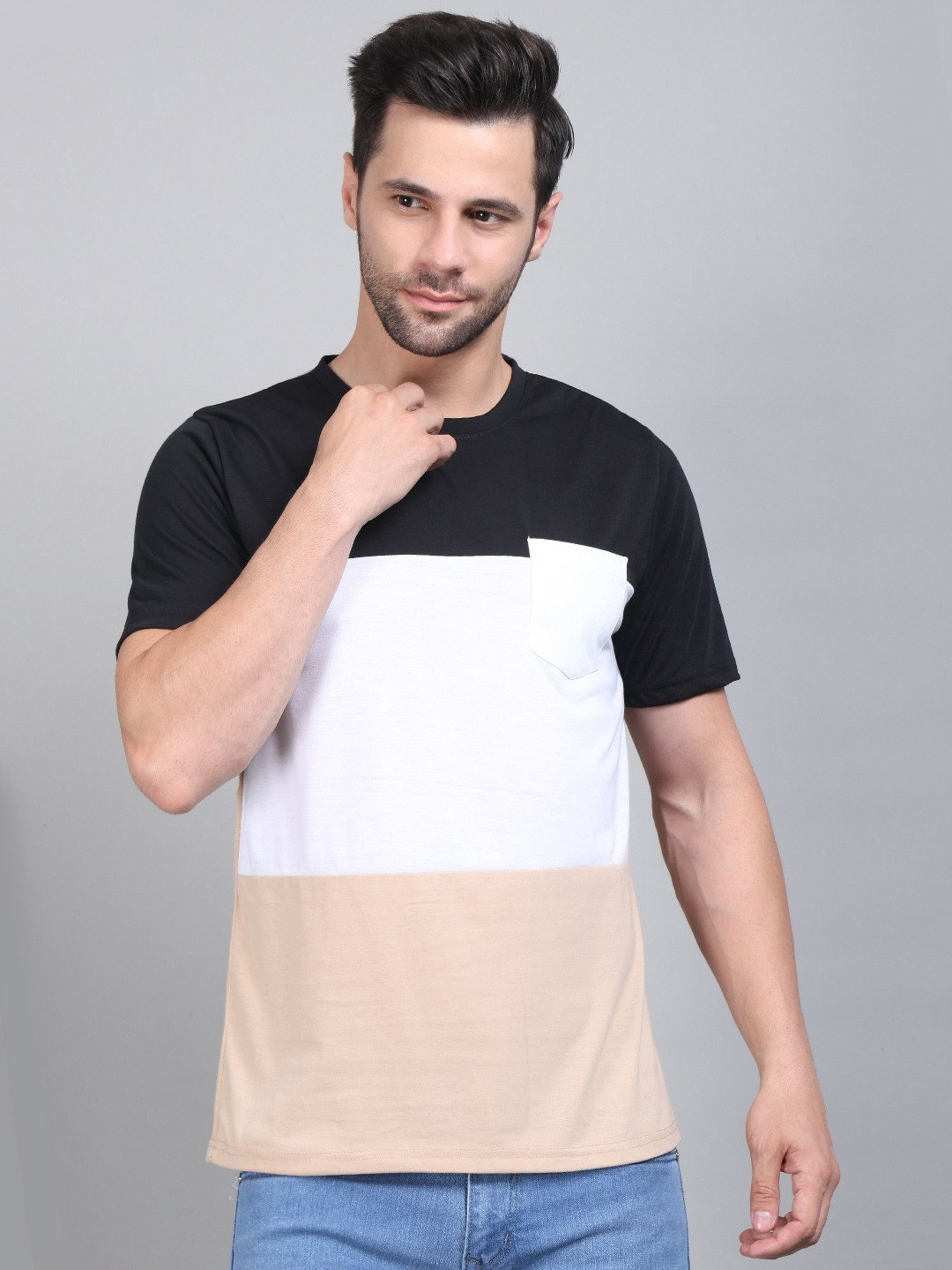 ZEN1 FASHION Men Colourblocked Round Neck Cotton T-shirt