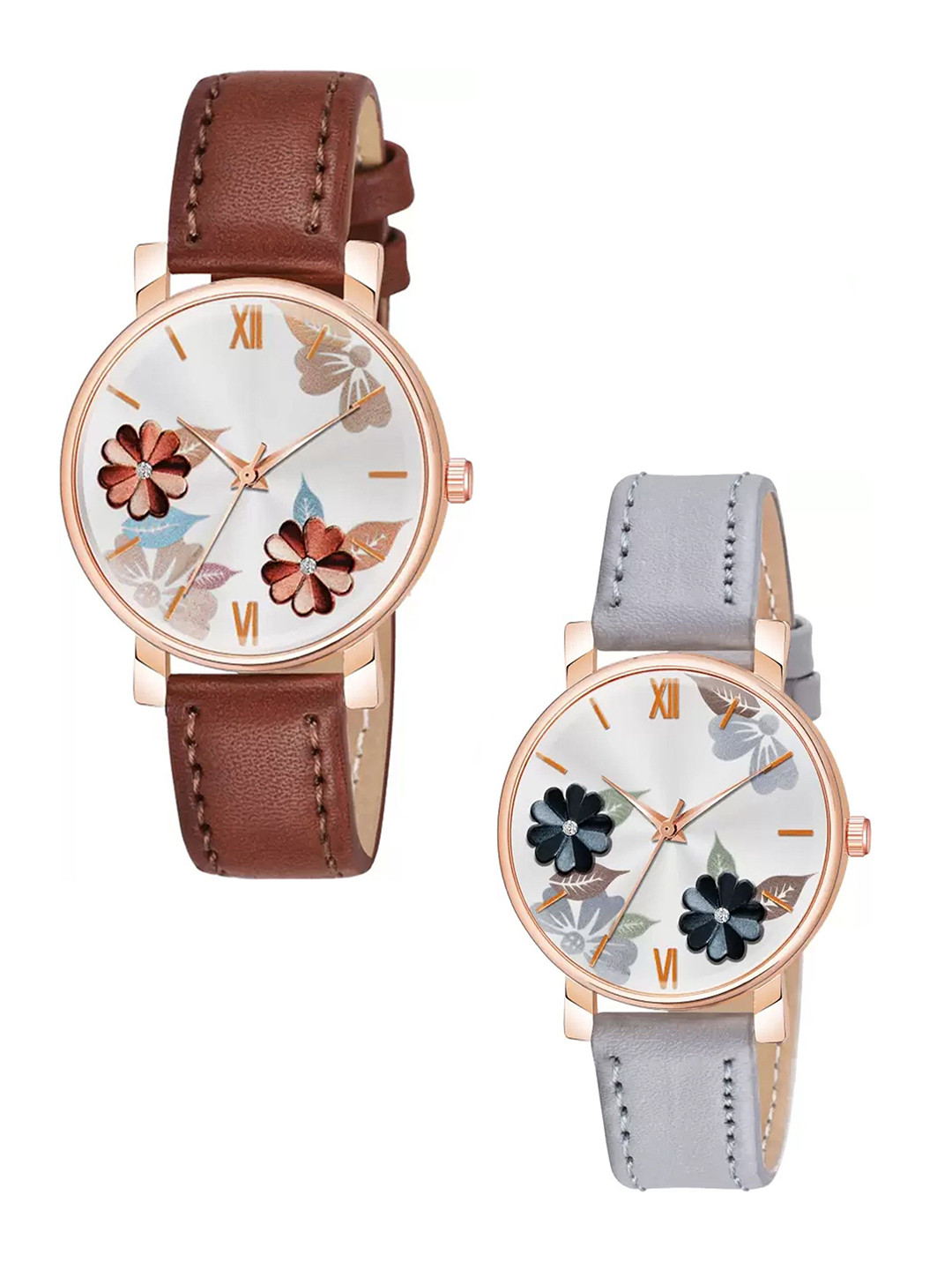 THE SHOPOHOLIC Women Pack Of 2 Printed Dial & Leather Straps Analogue Watch K-BR-G