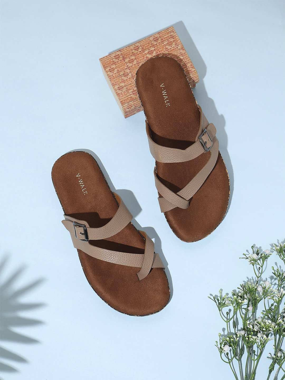 V-WALK Women Slip On Cork Footbed One Toe Flats with Adjustable Buckle Strap