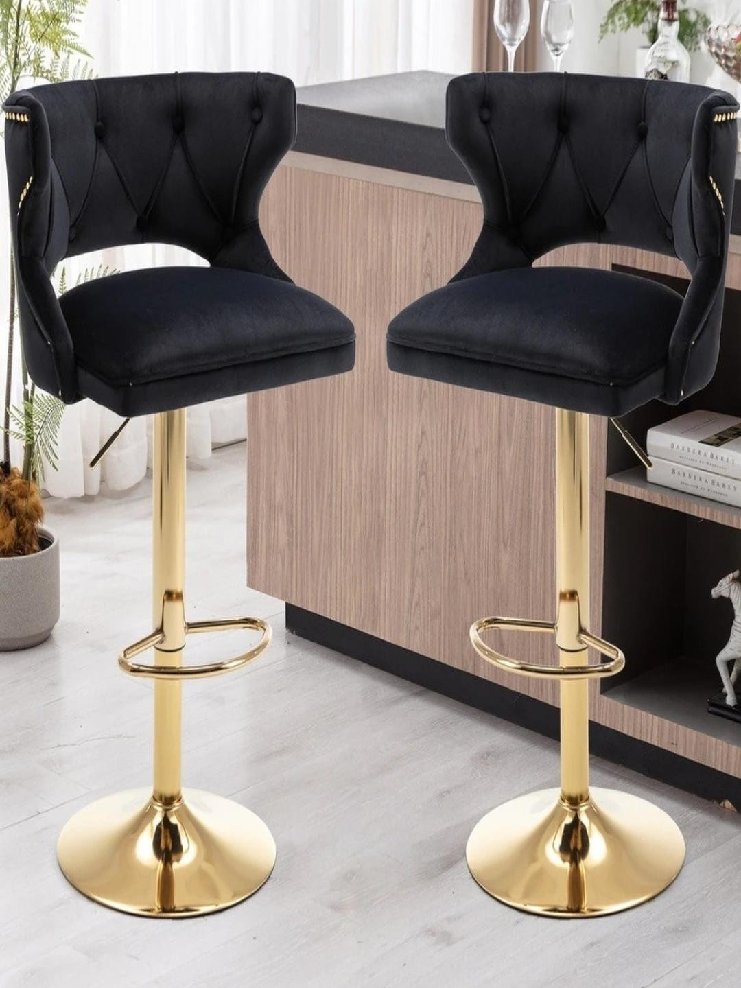 Doe Buck Velvet Tufted Bar Chairs with Golden Base  | Black