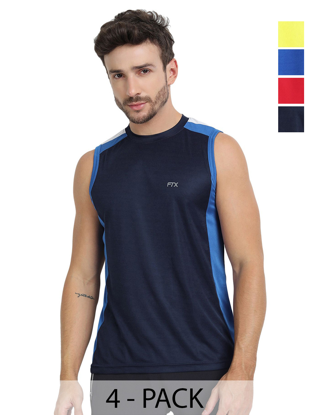 FTX Pack Of 4 Colourblocked Round Neck Sleeveless Dri-FIT Regular Fit Gym T-shirts