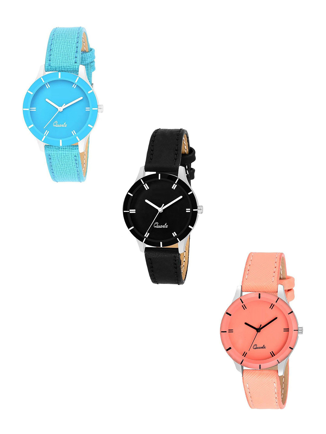THE SHOPOHOLIC Women Set of 3 Leather Straps Analogue Watch 605G-sk-blk-orng