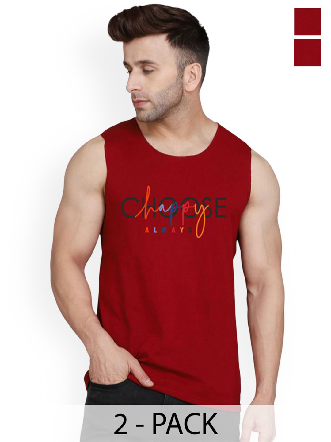 SLOWLORIS Pack Of 2 Printed CombedCotton Gym Vest VSL26 CMB(CHS MAROON)(LOOK MAROON)