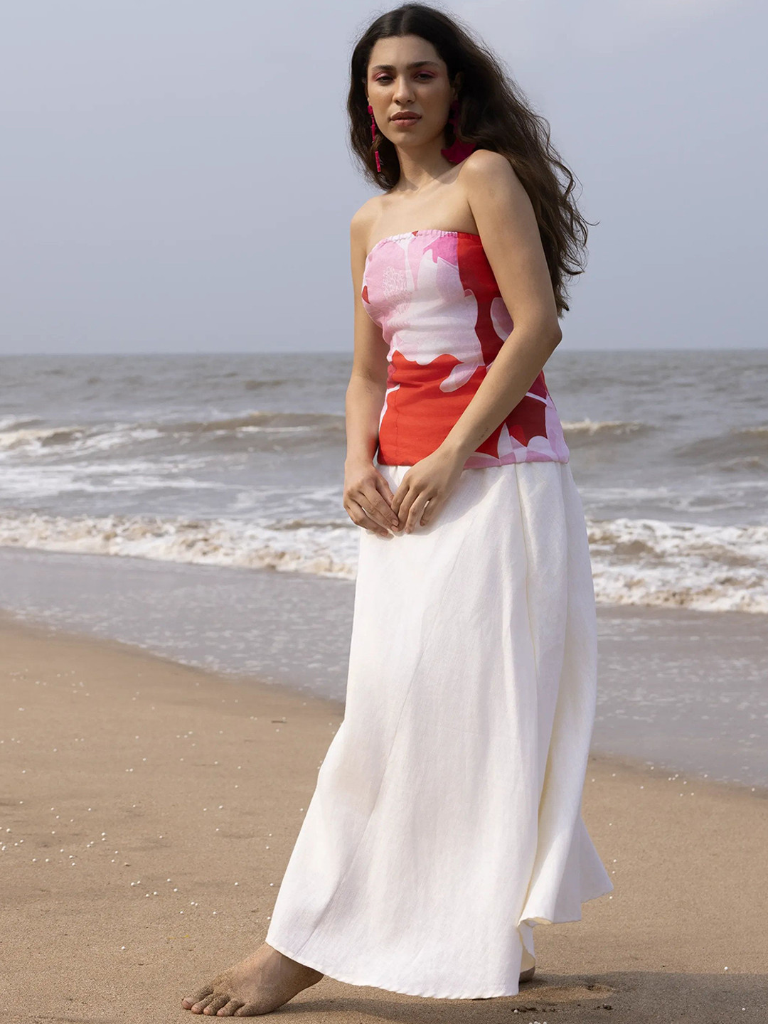 dhaaga Linen Printed Off Shoulder Neck Top With Skirt Co-Ords