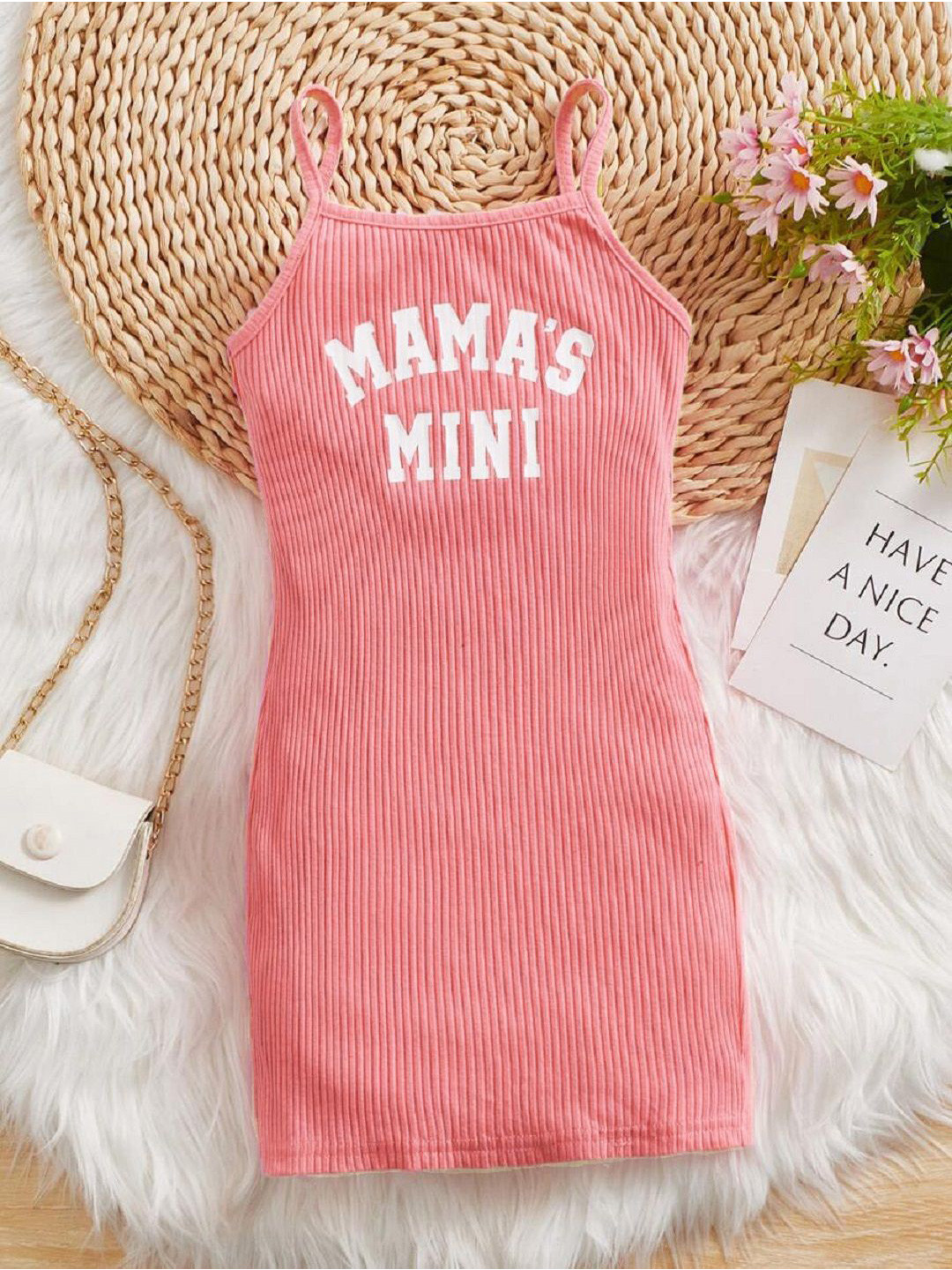 White World Girls Printed Ribbed Shoulder Straps Bodycon Dress