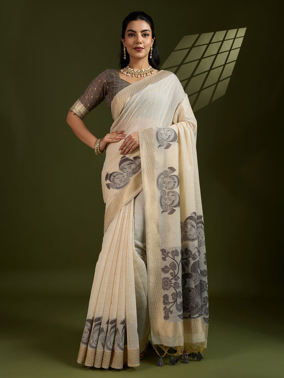 VISHNU WEAVES Self Checks Muga Cotton Saree with Kalamkari Border and Zari Woven Detail