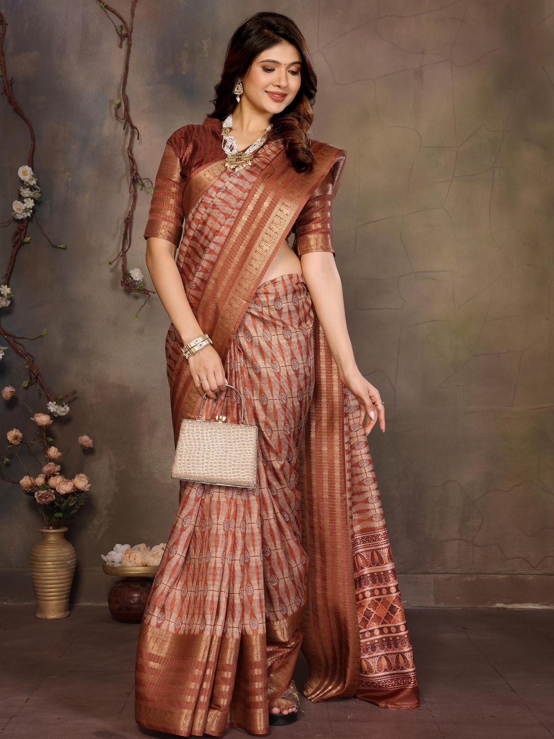 ALAGINI Ethnic Motifs Digital Print Saree with Zari Woven Design Border