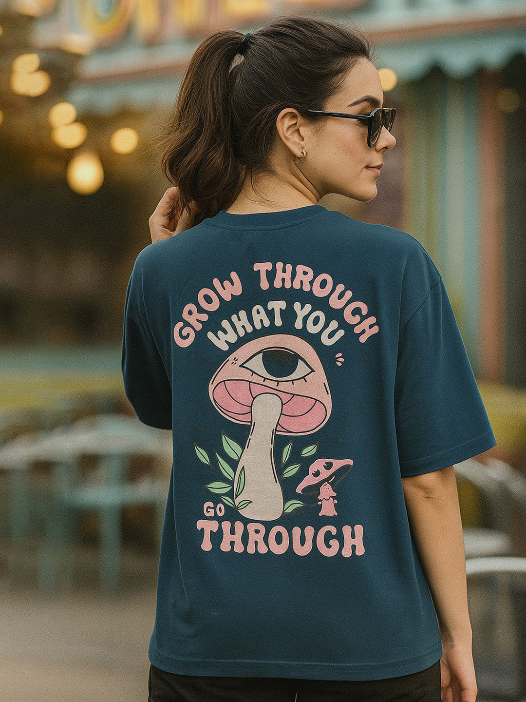 Fabflee Typography Printed Round Neck Drop-Shoulder Sleeves Oversized Cotton T-shirt