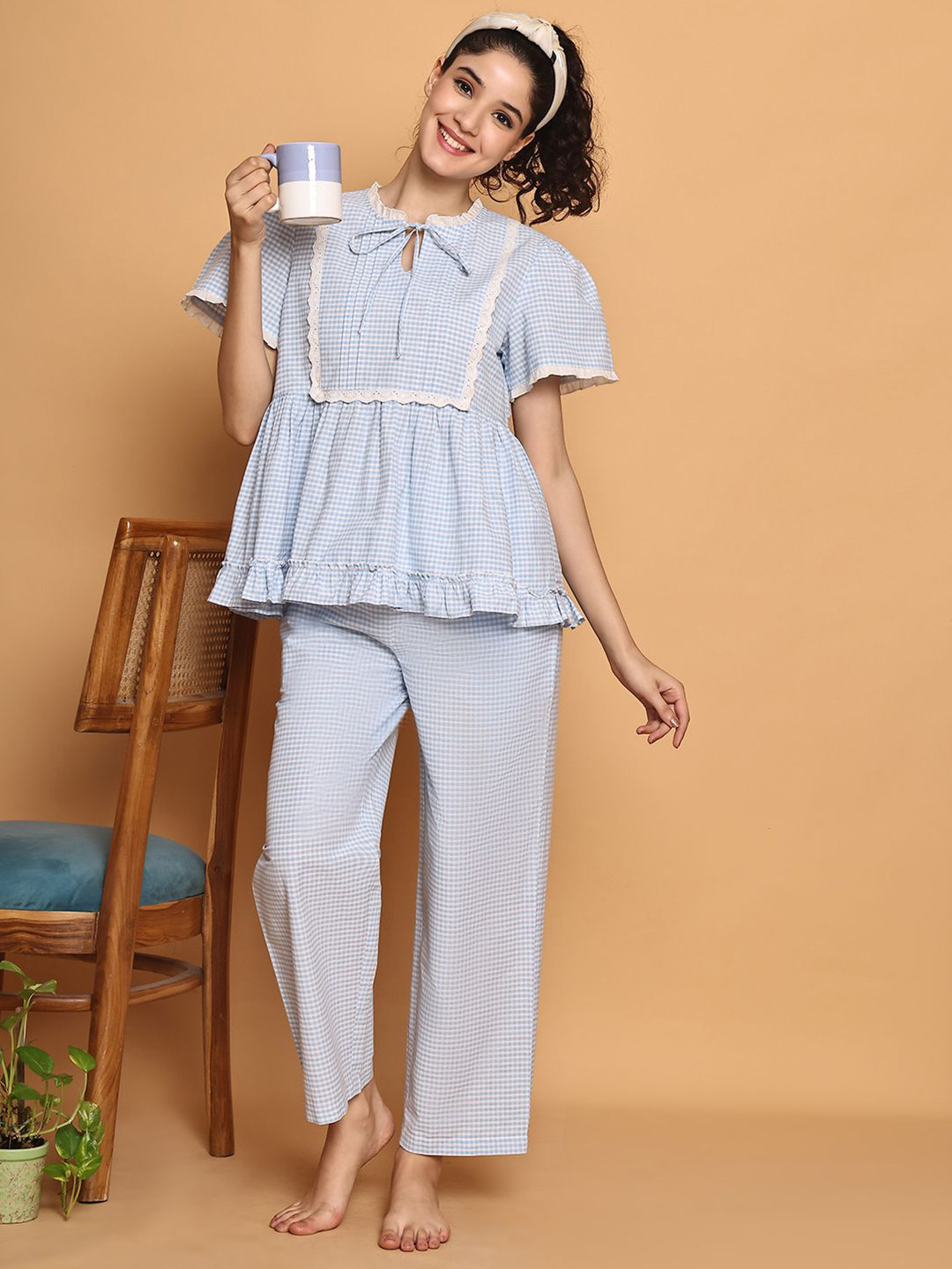 BLANC9 Women Blue Checkered Peplum Top Nightwear