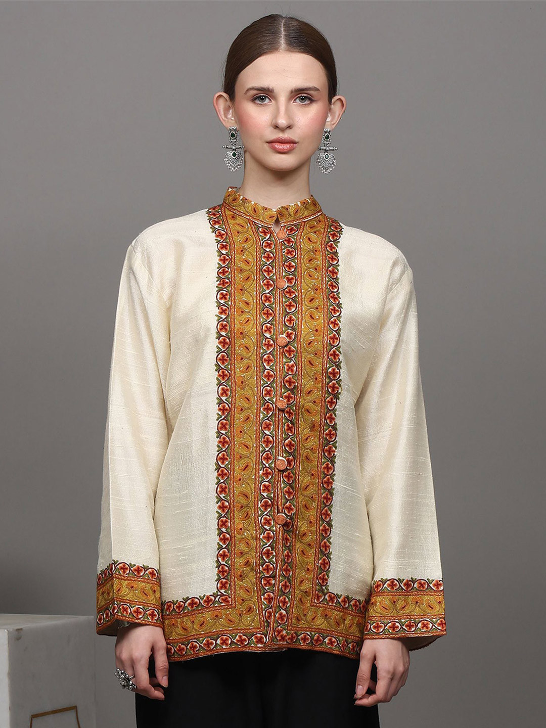 Exotic India Women Floral Embroidered Pure Silk Longline Kashmiri Bomber Jacket