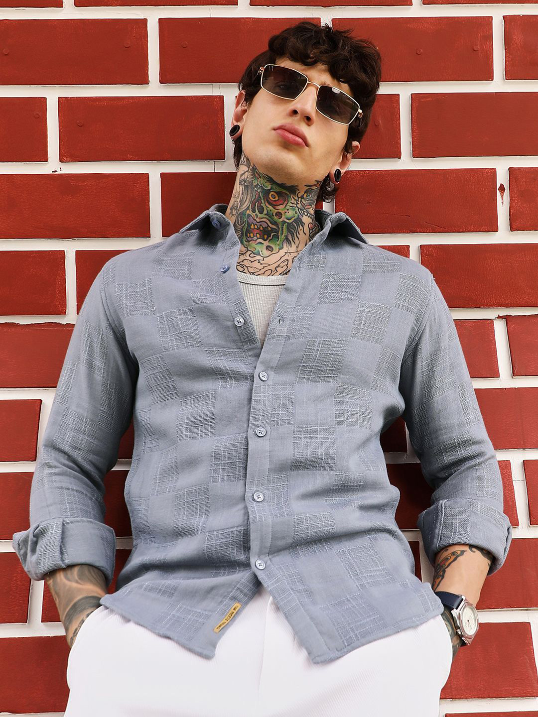CAHOOT Self Design Checked Comfort Fit Spread Collar Long Sleeves Cotton Shirt