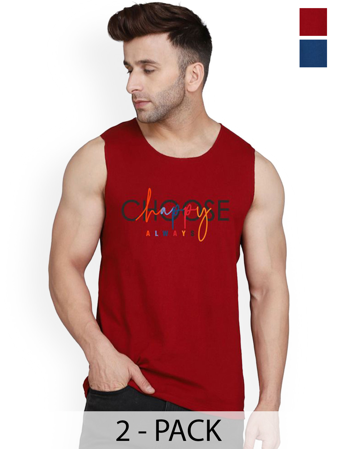 SLOWLORIS Pack Of 2 Printed Combed Cotton Gym Vests VSL26 CMB(CHS MAROON)(PLAIN BLACKPEACO
