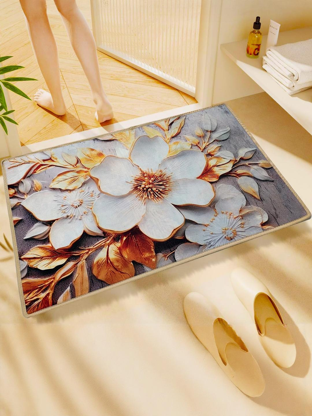 Elanza Pack Of 1 Orange & Grey Floral Printed Microfiber Bath Rugs