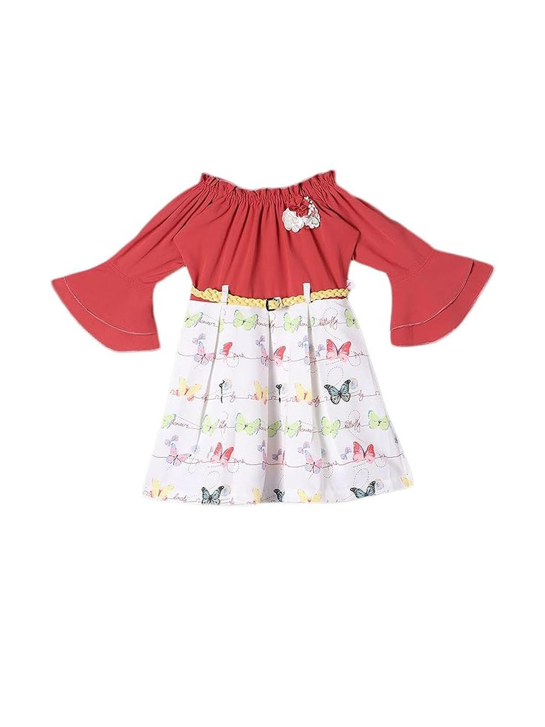 Snazzygirl Butterfly Printed Knee Length Off Shoulder Dress