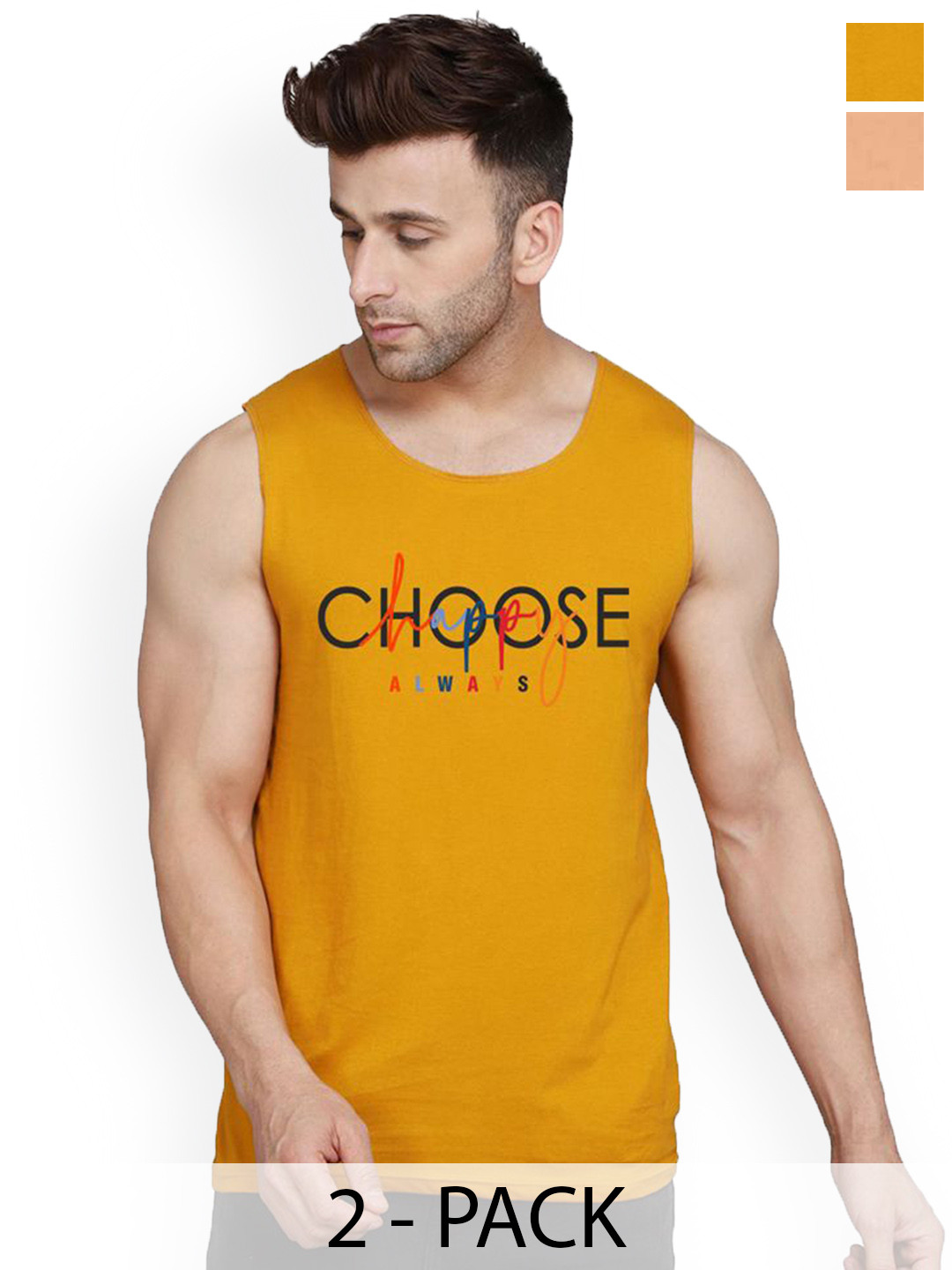 SLOWLORIS Pack Of 2 Printed Round Neck Gym Vests VSL26 CMB(CHS MUSTARD)(GYM RUST)