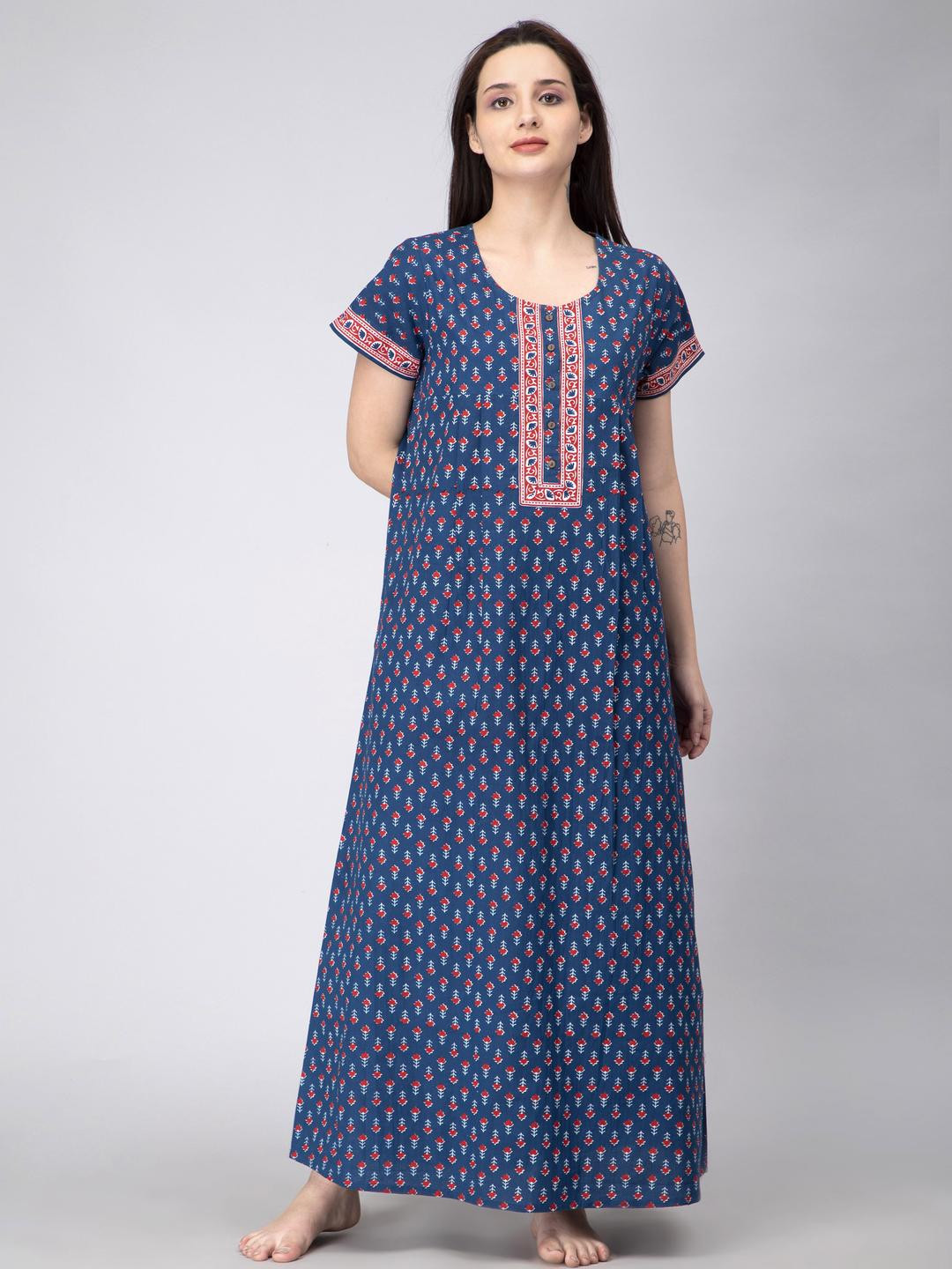 Nihsamah Women Printed Button Up Maxi Nightdress