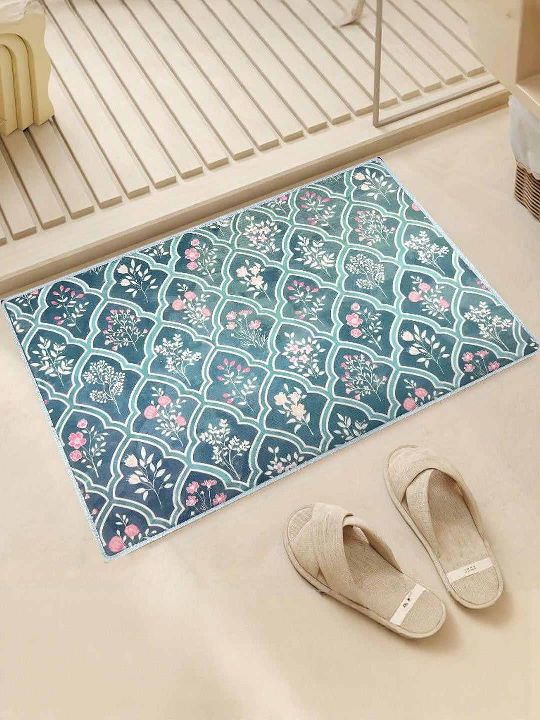 Elanza Pack Of 1 Green & Pink Floral Printed Anti-Skid Microfiber Bath Rugs