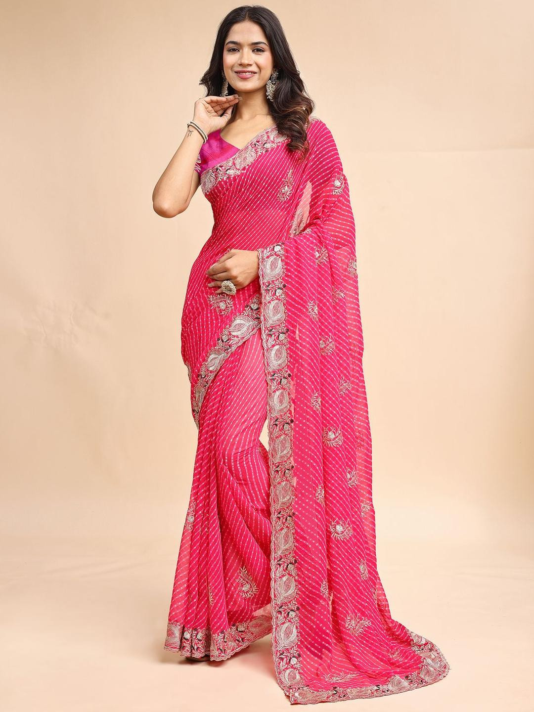 TINA FASHION Leheriya Embroidered Zari Pure Georgette Heavy Work Leheriya Saree