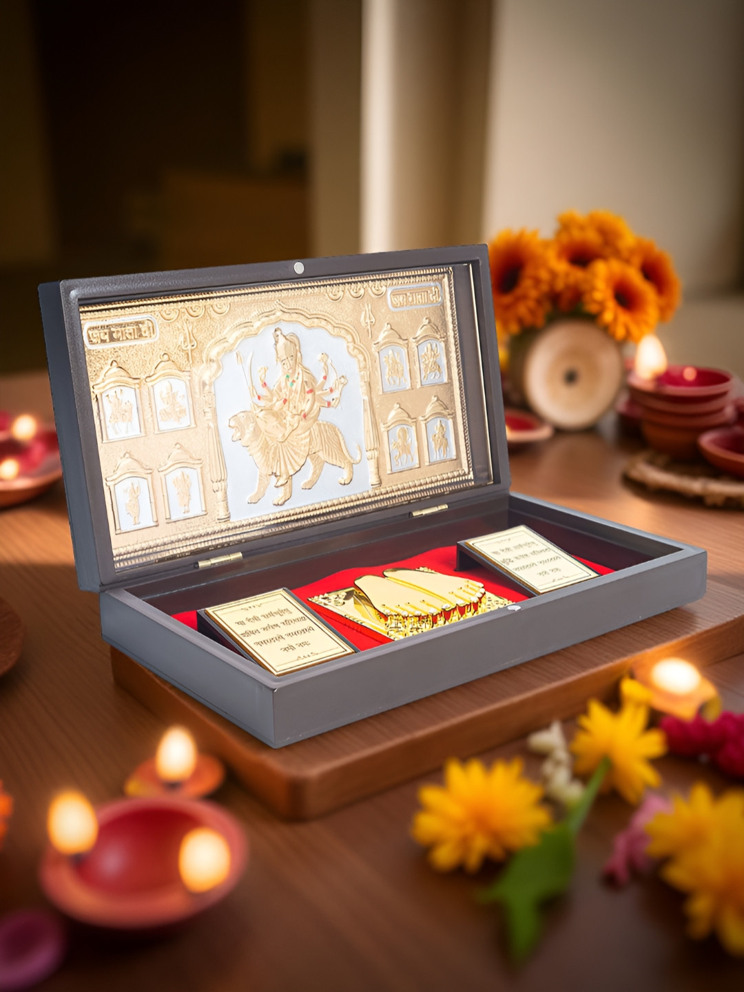 Golden Peacock 4-Pcs Brown 24 Ct Foil Jay Shri Ambe Maa Pooja Box