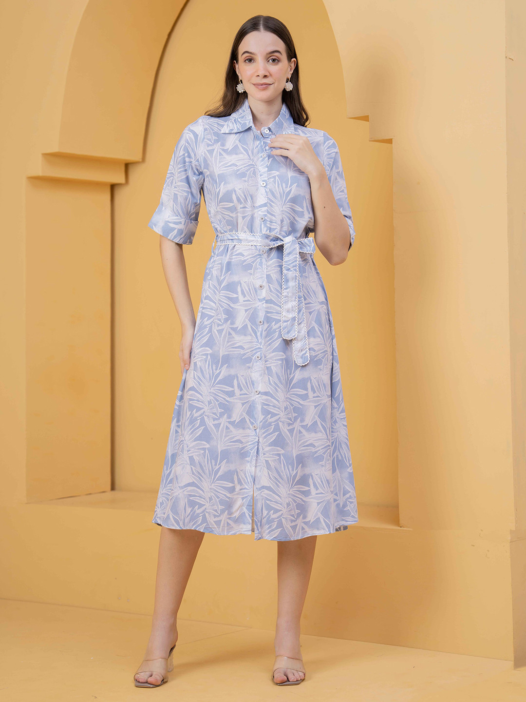 OH MI DIOS Women Blue Tropical Print Midi Dress