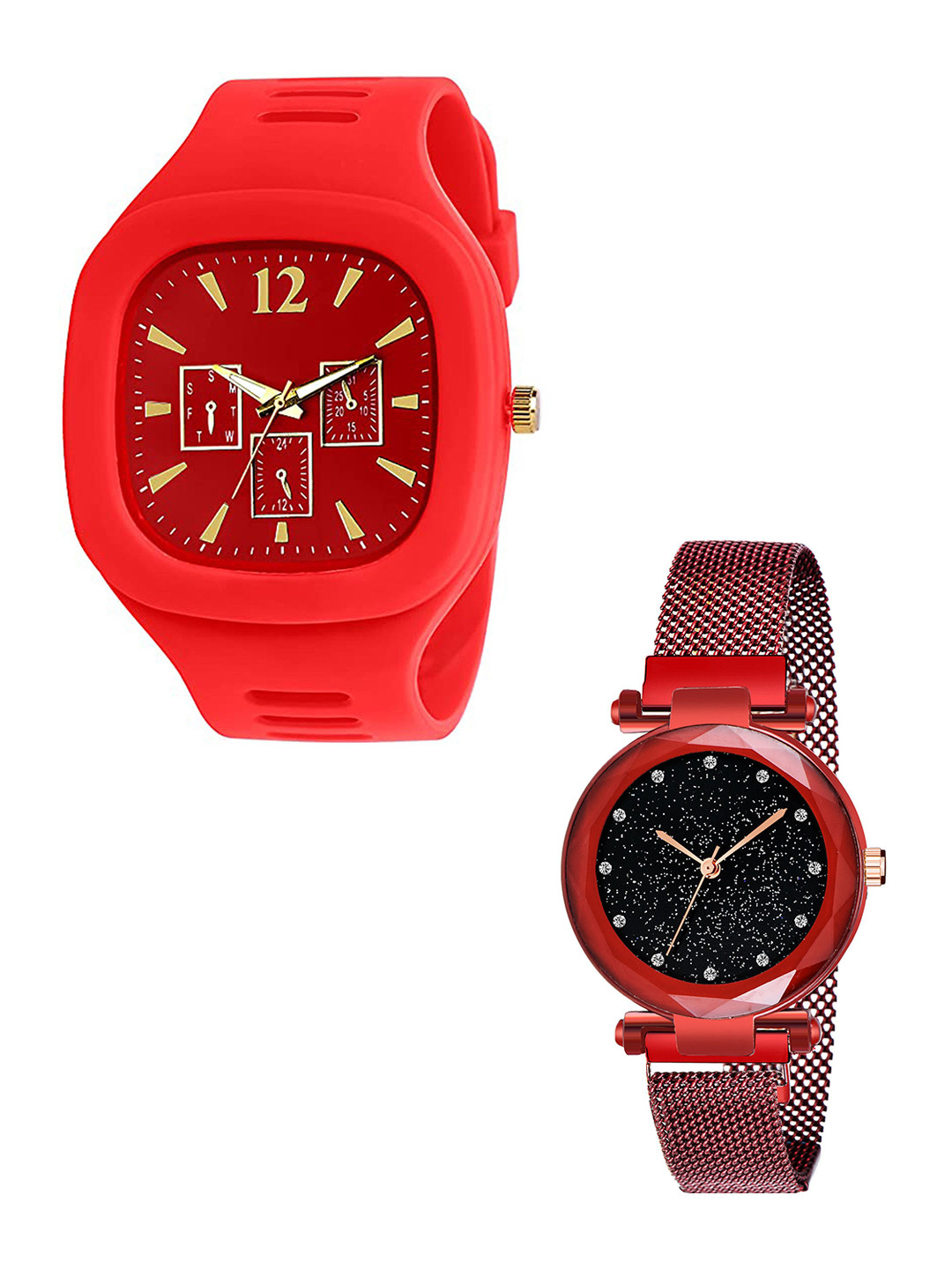 THE SHOPOHOLIC Unisex Pack Of 2 Dial & Bracelet Style Straps Analogue Watch SQ-RED-MAG-RED