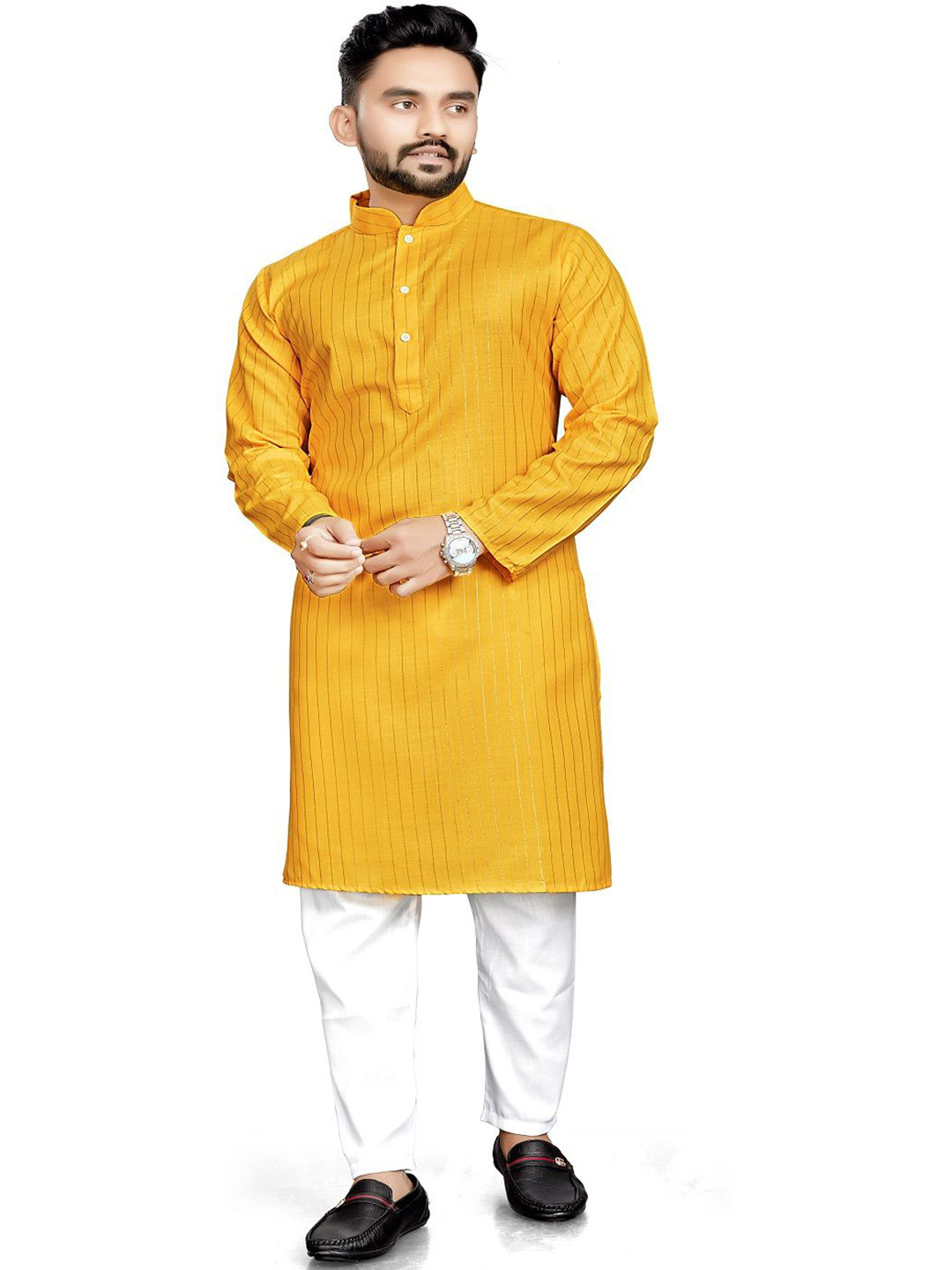 WELL TEX Men Striped Woven Design Mandarin Collar Straight Kurta