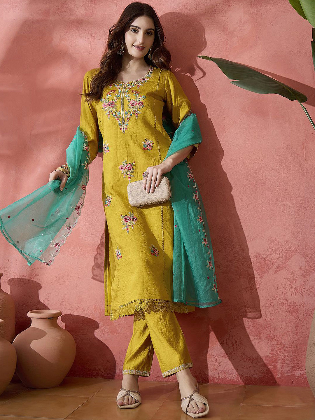 Sangria Women Embroidered Kurta With Trousers & Dupatta