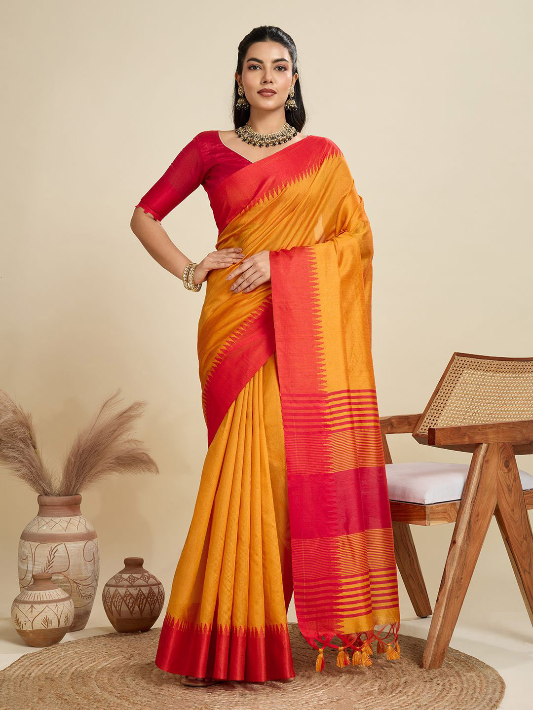 VISHNU WEAVES Solid Contrast Temple Border Raw Silk Saree with Striped Zari Woven Detail