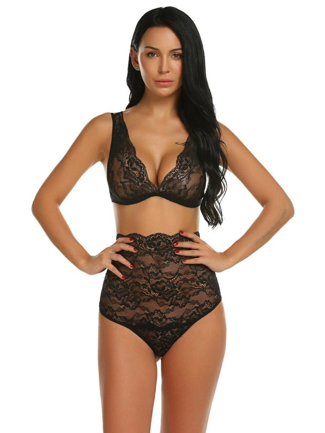 Chic  Floral Lace Bralette & High Waist Hipster  Lingerie Set