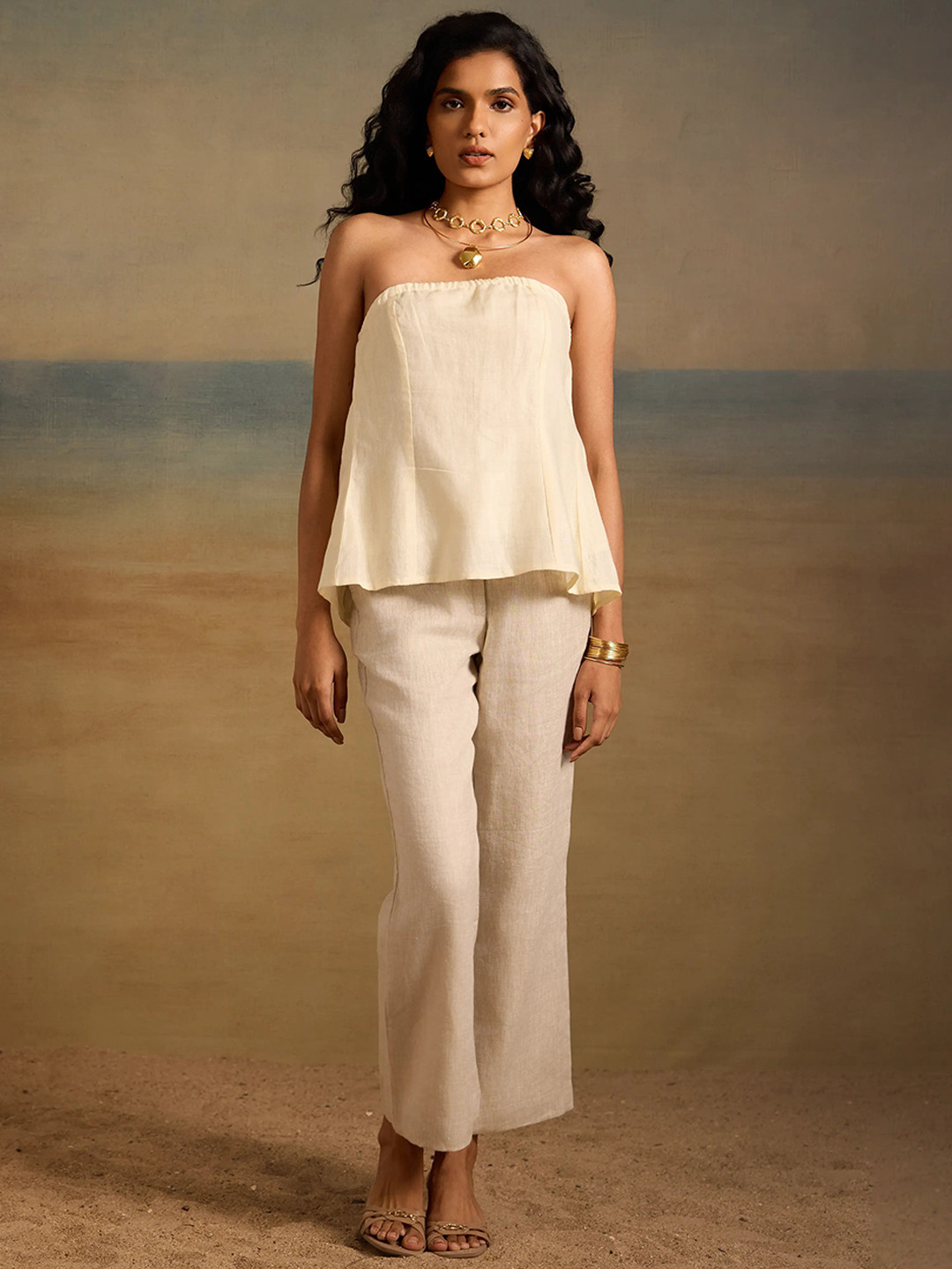 dhaaga Linen Off Shoulder Neck Top With Trousers Co-Ords